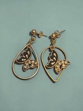 Hand Crafted Gold Butterfly Teardrop Earrings with Crystal Accents